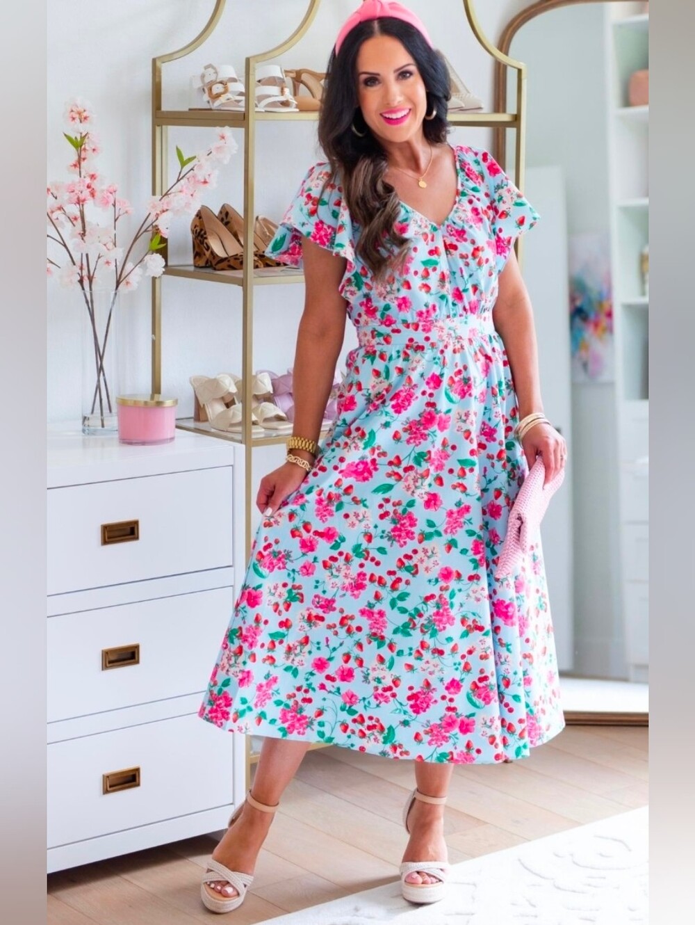 Ann Taylor Red Floral Aqua Blue V-neck Flutter Sleeve Cotton Midi Dress Size 6